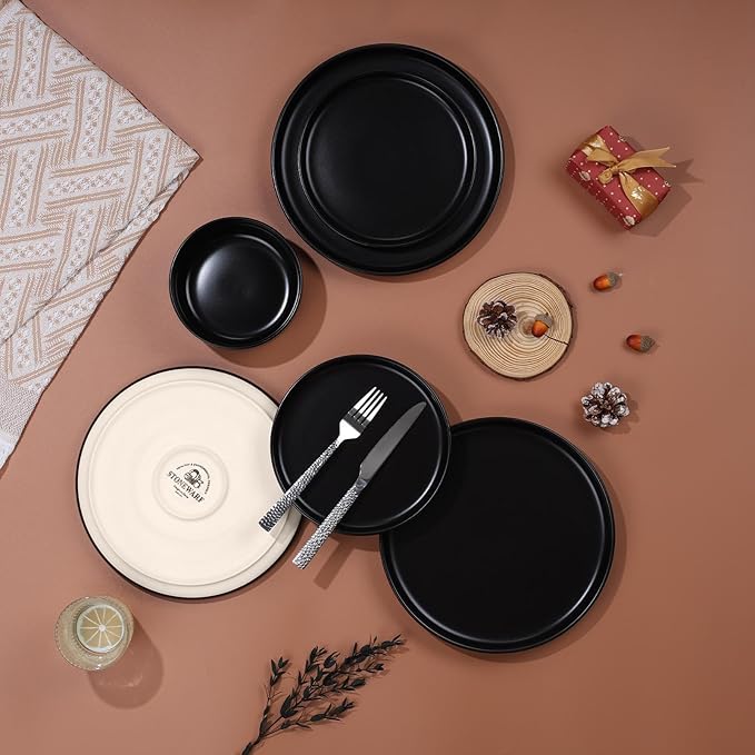 LIANYU Plates and Bowls Sets for 2 6 Piece Stoneware Dinnerware Set Porcelain Dishware for Kitchen and Dining Microwave Oven Dishwasher Safe High temperature &amp Scratch Resistant Matte Black