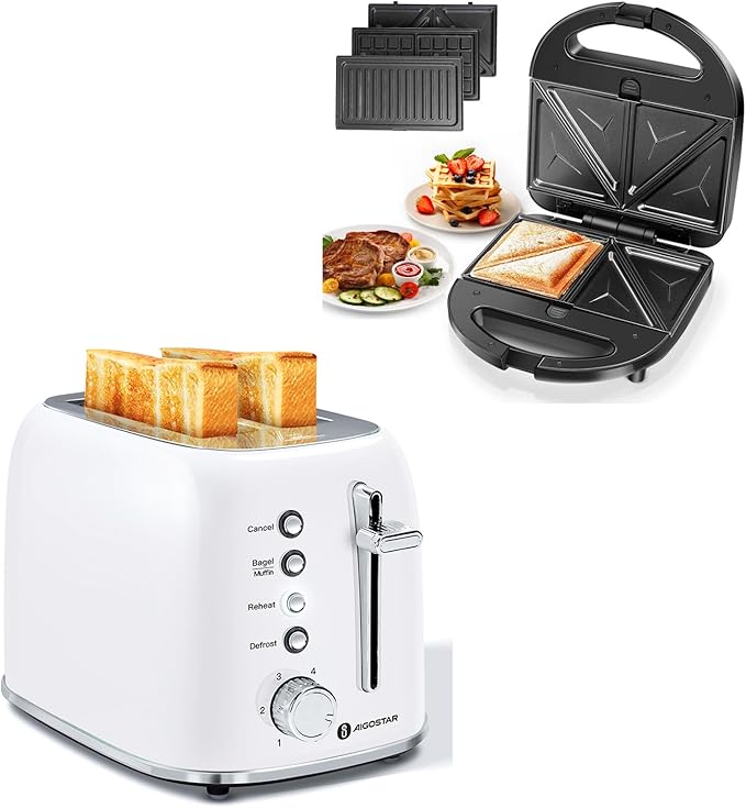 Aigostar Toaster 2 Slice Retro Toaster and 3 in 1 Sandwich Maker Panini Press Sandwich Waffle Tortilla Toaster Stainless Steel 1.6 inch Extra Wide Slots Bread Toaster Bagel Cancel Defrost Function