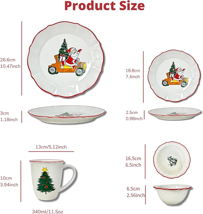 DOMINI 16-Piece Christmas Ceramic Kitchen Dinnerware Set Service for 4 Porcelain Dishes Dinner Set with Dinner Plates Dessert Platescups and Pasta BowlsRound-White Christmas