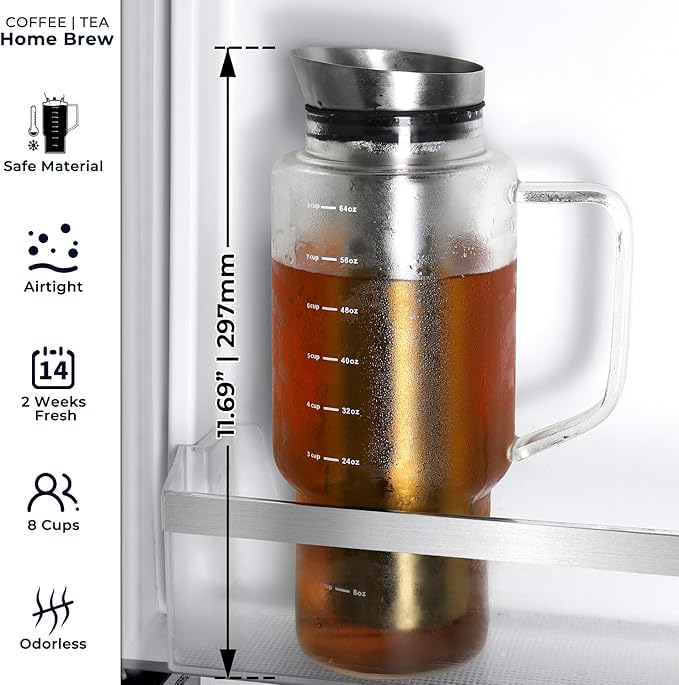 Aquach 68oz Cold Brew Coffee Tea Maker Glass Pitcher &amp Stainless Steel Filter Dishwasher Safe Iced Coffee Tea Maker with Airtight Lid and Large Handle