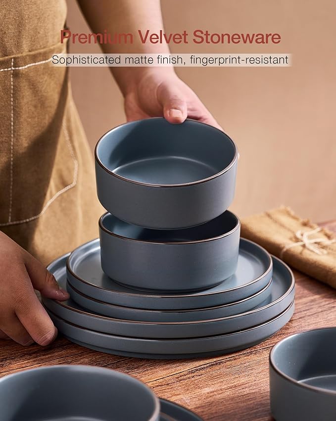 Famiware Nebula Ridge Stoneware Dinnerware Sets for 8 24 Pieces Plates and Bowls Sets Dishes Set Microwave and Dishwasher Safe Kitchen Plates Charcoal