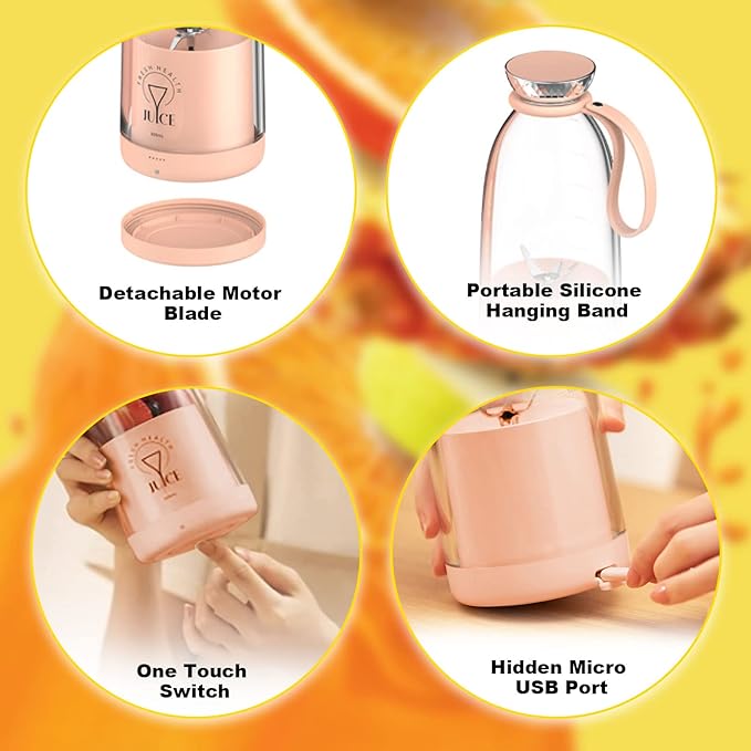 Portable Blender 500ML Personal Blender for Shakes and Smoothies Personal Size Blender Traveling Fruit Veggie Juicer Cup USB Rechargeable with Six Blades for Sports Travel and Outdoors (pink)