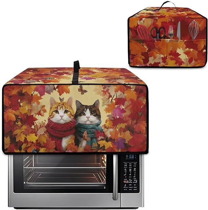 Doojoayie Cute Cat Toaster Cover 6 Slice Dust-Proof Toaster Oven Cover Stain Resistant Bread Machine Covers with Autumn Leaf Print Thanksgiving Home Kitchen Decoration