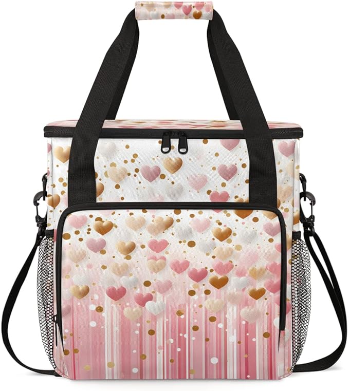 Pink Gold Heart Coffee Maker Carrying Bag Portable Travel Storage Tote Bag Compatible with K-Mini or K-Mini Plus Single Serve Coffee Brewer Carrying Case with Multiple Pockets &amp Shoulder Strap