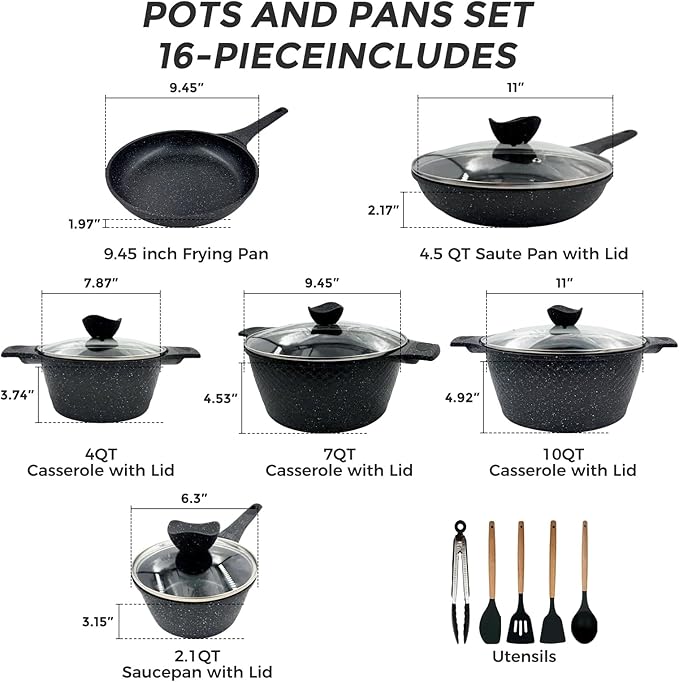 16Pcs Pots and Pans Sets Nonstick Cookware Set Kitchen Cooking Set Fry Pans Saute Pan/Gasserole/Saucepan with Lid Utensils Dishwasher Safe Black (PTFE/PFOA/PFAS/LEAD/CADMIUM Free)