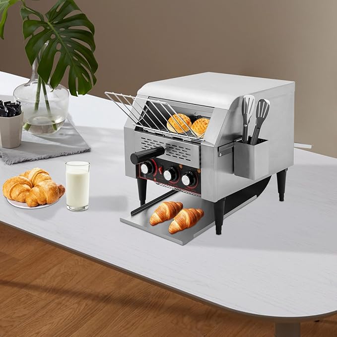 Commercial Toaster 300 Slices/Hour Electric Conveyor Toaster Heavy Duty Stainless Steel Toaster Conveyor with Handle 1900W 110V Restaurant Conveyor Toaster for Store Home Kitchen Silver
