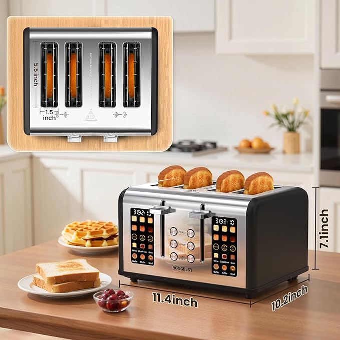 4 Slice Touch Screen Toaster Easy-to-Use Digital Stainless Steel Toaster with Wide Slots Reheat Defrost Cancel Removable Crumb Tray Matte Black