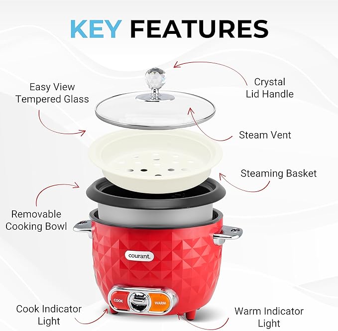 Courant Rice Cooker 10-Cup (Cooked) Steaming basket One-Touch Operation Automatic Keep Warm Function red