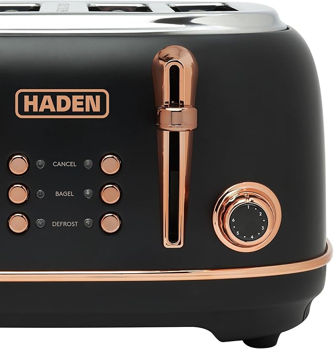 HADEN Heritage 4-Slice Toaster with Extra Wide Slots 1500-Watt Black &amp Copper - Retro Stainless Steel Design with Self-Centering Function Adjustable Browning Control &amp Removable Crumb Tray
