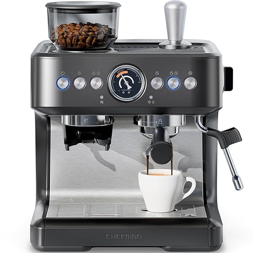 Chefman Crema Deluxe Espresso Machine with Double Boiler Use Milk Frother and Brew Espresso Simultaneously Professional Coffee Maker with Coffee Grinder and Steam Wand 30 Grind Settings