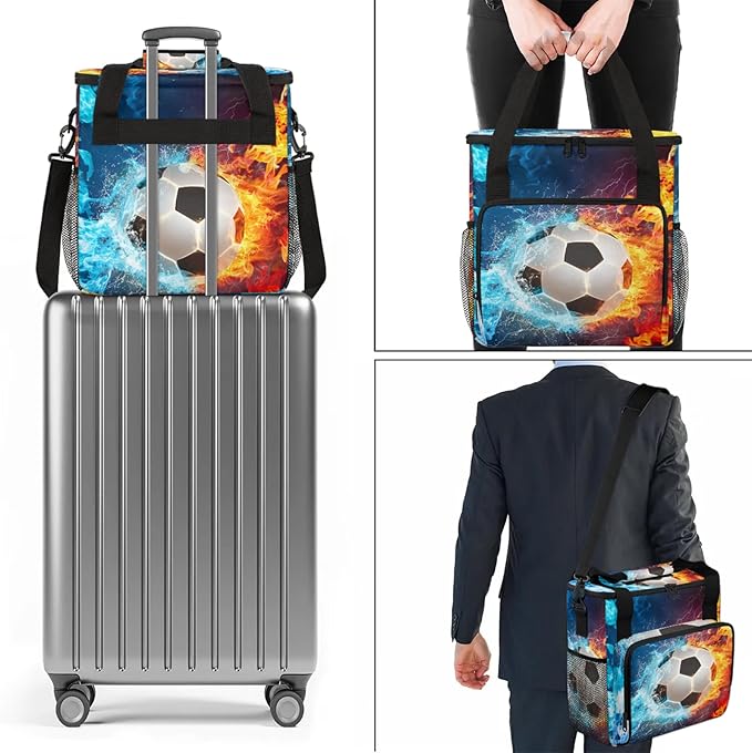 Football Ball Flame Coffee Maker Carring Bag Large Insulated Storage Organizer Case Tote Bags with Shoulder Strap for Travel Work Picnic