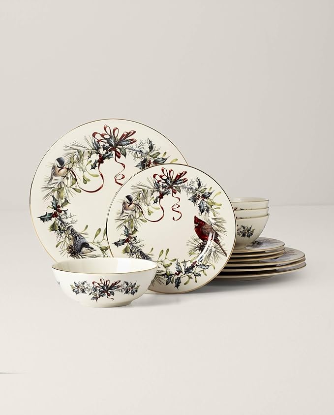 Lenox 894540 Winter Greetings 12-Piece Dinnerware Set Red &amp Green 12 Count Christmas Holiday Hosting