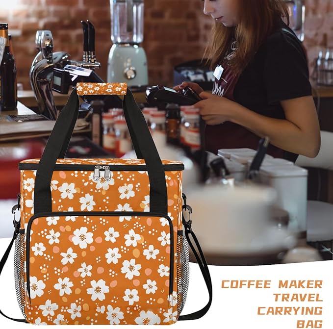 Flowers Orange Coffee Maker Carring Bag Travel Carrying Storage Tote Bag Compatible with Keurig K-Mini or K-Mini Plus Portable Single Serve Coffee Brewer Case with Pockets for K-cup Pods