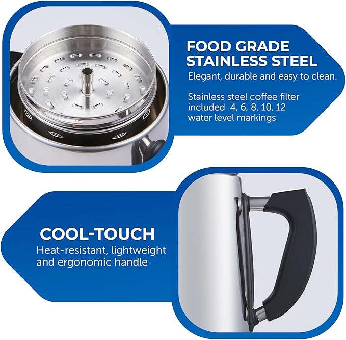 Elite Gourmet EC922 Electric Coffee Percolator BPA Free Keep Warm Glass Clear Brew Progress Knob Cool-Touch Handle Cordless Serve 12-Cup Stainless Steel