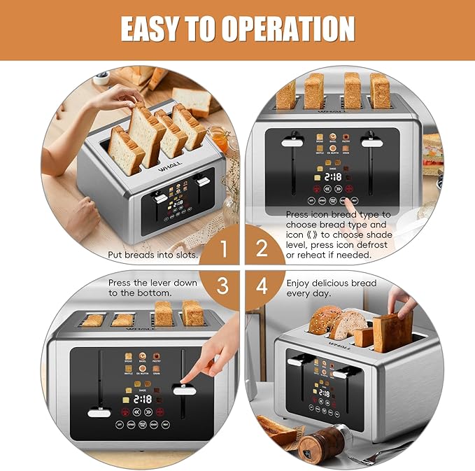 Whall 4-Slice Smart Toaster with Touchscreen &amp Extra-Wide Slots Dual Independent Control 6 Browning Levels &amp 6 Bread Types Memory FunctionCountdown Timer Ideal Kitchen Gift