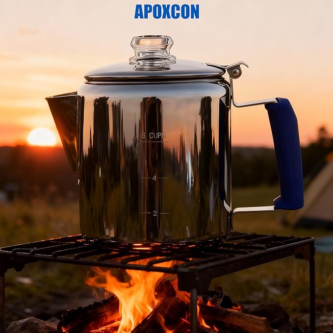 Multi Use Percolator Coffee Pot Stainless Steel Stove Top Coffee Maker with Two Tough Borosilicate Glass Knob Silica Handle Camping Coffee Pot Using on Campfire Stove &amp Induction Cooker Silver 6 C