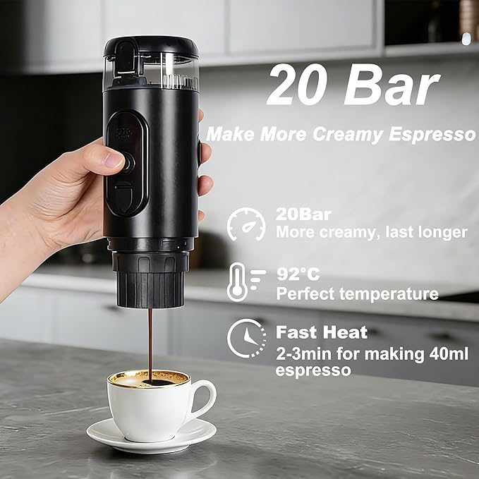 Portable Electric Espresso Machine Travel Coffee Maker 20 bar Mini Espresso Self-Heating Car Coffee Maker Compatible with Ground Coffee &amp NS Capsule for Camping RV Hiking Offic Black