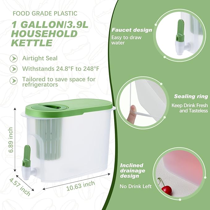 Gerrii 2 Pcs Cold Brew Maker 1 Gallon Plastic Beverage Dispenser with 2 Filters Drink Dispenser for Fridge Cold Brew Pitcher with Spigot Container for Juice Water Tea(Green)