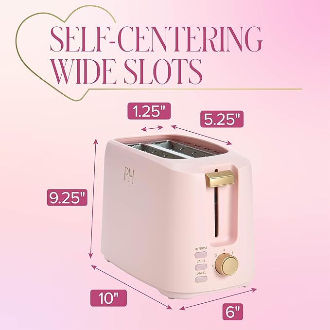 Paris Hilton 2-Slice Toaster Extra-Wide Slots 7 Browning Settings Bagel &amp Defrost Functions Removable Crumb Tray Pink