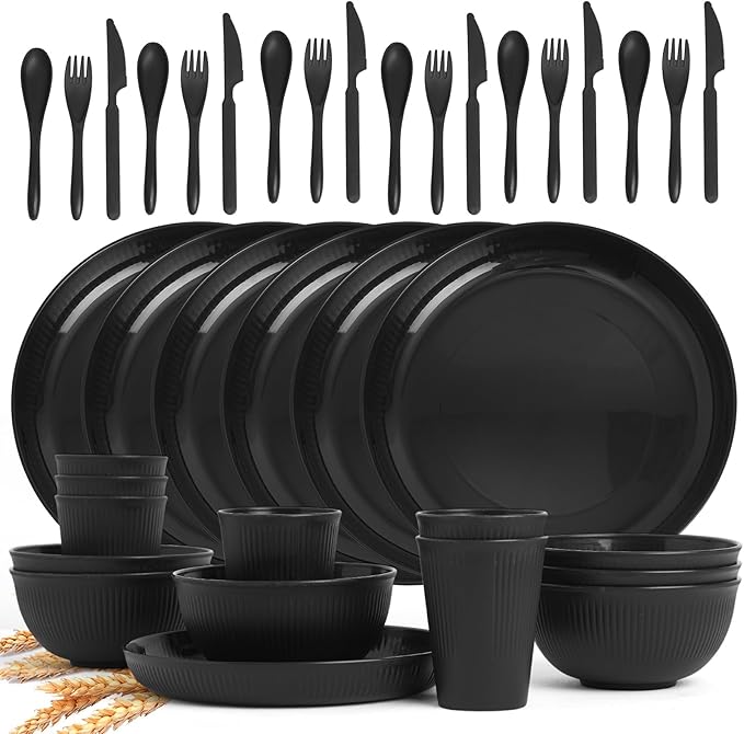 36 Pcs Lightweight Black Wheat Straw Dinnerware Set - Unbreakable Dishes for Kitchen &amp Camping | Microwave Dishwasher Safe