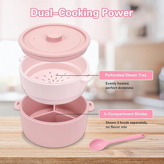 BestYiJo Microwave Rice Cooker 2-Layer Microwave Pasta Cooker and Steamer for Rice Vegetables Quinoa Oatmeal Ramen –Silicone Non-Stick(PINK)
