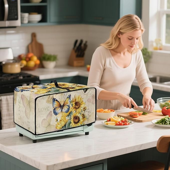 Toaster Oven Dust Cover with Accessory Pockets Neat Storage and Protection with Organizing Side Pockets for Kitchen Toaster Oven Appliances Decor Sunflower Butterfly