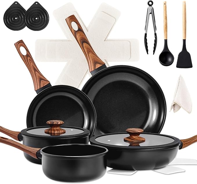17-Piece Aluminum Cookware Set Black Non-Stick Pots and Pans Set with Assembled Handles - 5 Pots &amp 2 Lids Compatible with Induction Gas Electric Stoves Perfect for Home Kitchen Use