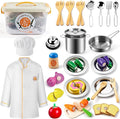 Juboury Pretend Play Kitchen Set - Toy Kitchen Accessories with Stainless Steel Cookware Pots and Pans Plates Cooking Utensils Kids Chef Coat &amp Hat Wooden Play Food for Kids Girls Boys Todd