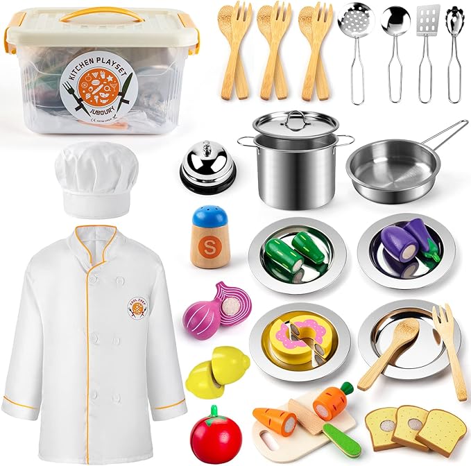 Juboury Pretend Play Kitchen Set - Toy Kitchen Accessories with Stainless Steel Cookware Pots and Pans Plates Cooking Utensils Kids Chef Coat &amp Hat Wooden Play Food for Kids Girls Boys Todd