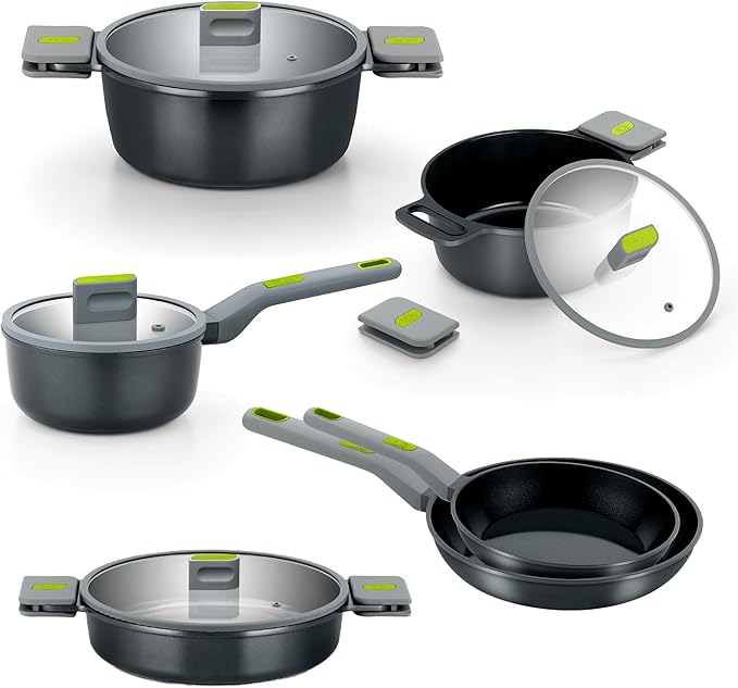 BRA COOKWARE Life 12-Piece Ceramic Cookware Set | Recycled Cast Aluminum Pots &amp Pans Set w/ 2 Pots 1 Sauté Pan 3 Pans 1 Saucepan 1 Grill 4 Lids | Ceramic Non-Stick Coating | All Stovetops