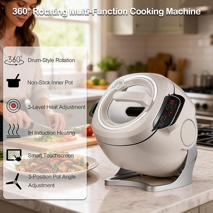 Electric Self Stirring Pot Automatic Cooking Machine 1000W 6L Automatic Pot Stirrer for Cooking 360° Rotating Stir Fry Machine Multi-Function Kitchen Robot for Stewing &amp Frying (White)