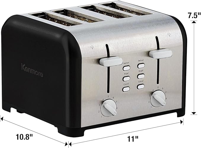 Kenmore 4 Slice Black Toaster Stainless Steel Extra Wide Slots Adjustable Browning Bagel and Defrost Settings Removable Crumb Tray Best Prime Toaster for Bread Bagel Waffles and more