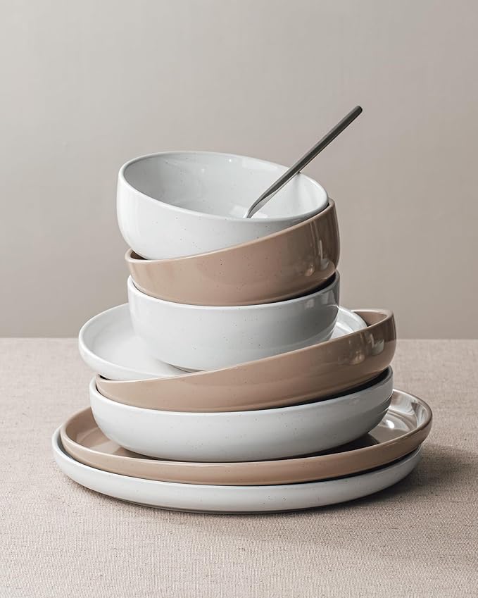 Famiware Milkyway Plates and Bowls Sets 12 Pieces Stoneware Dinnerware Sets Dishes Set for 4 White &amp Cinnamon Brown