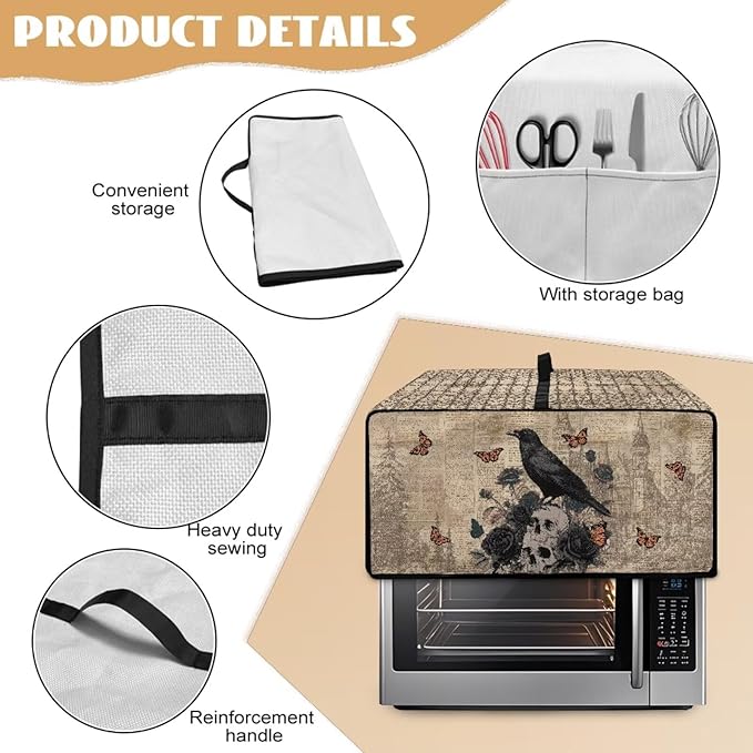 Toaster Oven Dust Cover Crow Butterfly Rose Print Microwave Oven Cover Heavy Duty Bread Maker Machine Covers with Side Pockets Kitchen Small Appliance Protector M
