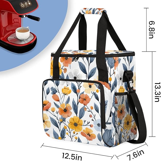 Flower Print Coffee Maker Carring Bag Large Insulated Storage Organizer Case Tote Bags with Shoulder Strap for Travel Work Picnic