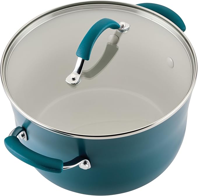 Rachael Ray Cucina Ceramic Cookware Set - 13 Pieces - Ceramic Pots and Pans Set w/Nonstick Frying Pans Saute Pan Saucepans Stockpot Lids Pan Protectors &amp Cooking Utensils - Marine Blue