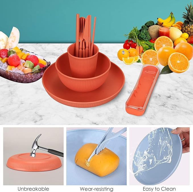 66 Pcs Dinnerware Sets Unbreakable Plates and Bowls Sets Reusable Dinnerware Sets for 6 People Travel Camping Picnic Home Party Cutlery Set Dishwasher Microwave Safe Dishes