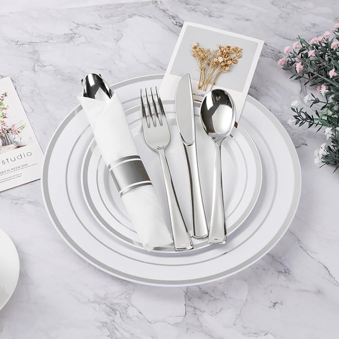 BESTVIP 350PCS Silver Plastic Dinnerware Set Disposable Party Plates for 50 Guests Include: 100 Plastic Plates 50 Pre Rolled Napkins with Silver Silverware 50 Cups