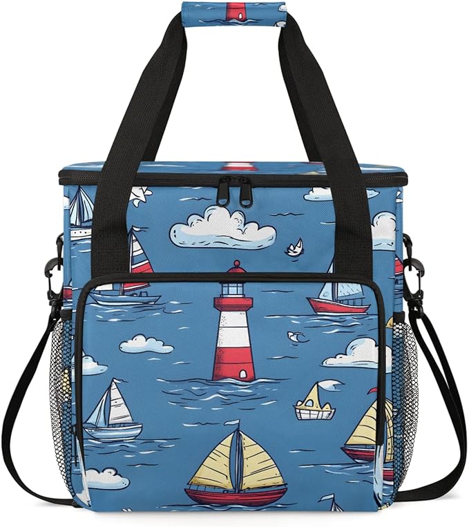 Cartoon Ocean Ship Coffee Maker Travel Bag for Keurig K-Mini/K-Mini Plus Insulated Waterproof Tote with Pockets for K-Cup Portable Single-Serve Brewer Case