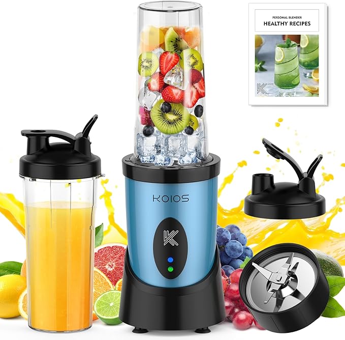 KOIOS Blender for Smoothies Peak 900W Personal Blender for Kitchen Shakes and Smoothies with 2×22oz Portable Cups and To-Go Lids Detachable 4-Leaf Stainless Steel Blade Nutrition Recipe Blue