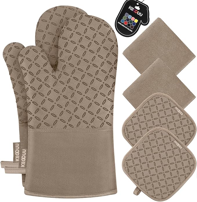 KEGOUU Oven Mitts and Pot Holders 6pcs Set Kitchen Oven Glove High Heat Resistant 500 Degree Extra Long Oven Mitts and Potholder with Non-Slip Silicone Surface for Cooking (Khaki)