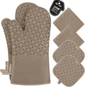 KEGOUU Oven Mitts and Pot Holders 6pcs Set Kitchen Oven Glove High Heat Resistant 500 Degree Extra Long Oven Mitts and Potholder with Non-Slip Silicone Surface for Cooking (Khaki)