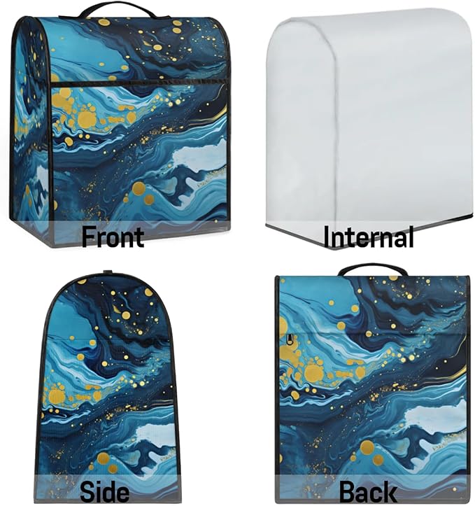 Kitchen Aid Mixer Cover Blue Marble Gold Stand Mixer Cover Compatible with 6-8 Quarts Stand Mixers Dust Covers with Zipper Pocket Foldable Washable Kitchen Aid Organizer Bag