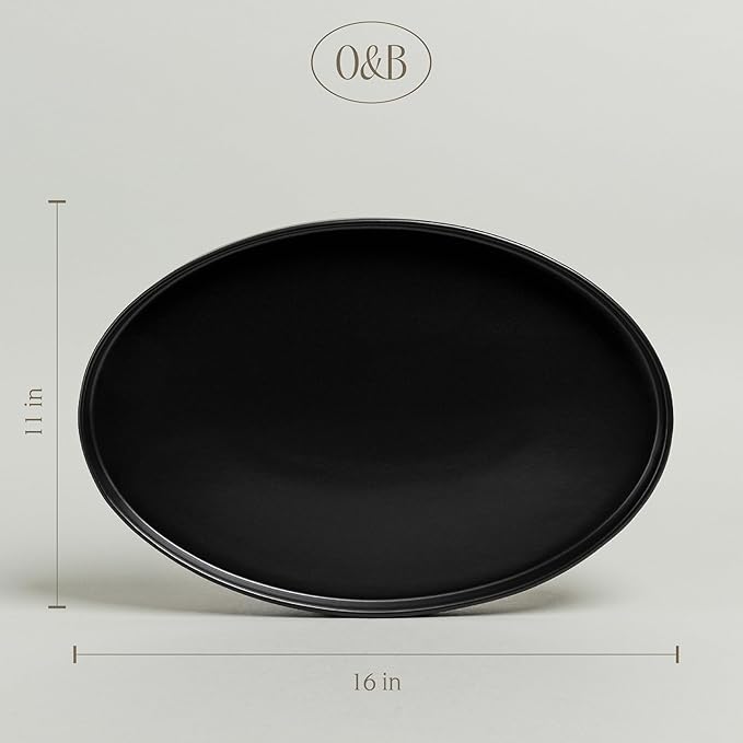 over&ampback Stackable Stoneware Serving Platter - Elegant 1-Piece Oval Serving Platter to Complete Your Kitchen Set - Perfect for Appetizers Desserts and More - 16 L x 11 W - Semi-Matte Black