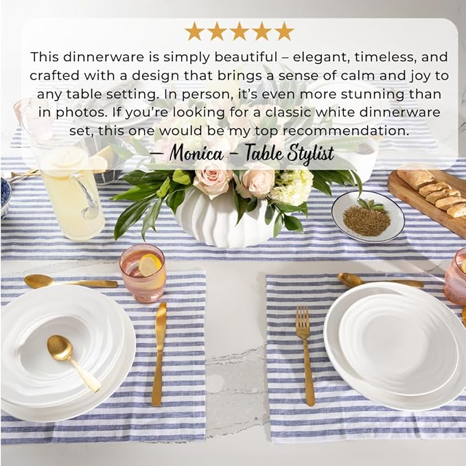 Pots &amp Patterns Natural Waves Premium Bone China Dinnerware Sets Service for 4 (12-Piece) White Plates and Bowls Sets Chip-Resistant Fine Porcelain Dinnerware - Wedding Registry Gift
