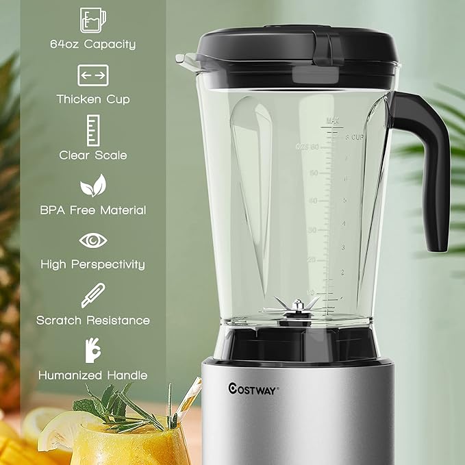 COSTWAY Professional 64oz Countertop Blender Smoothie Maker Built-in Self-Cleaning with 10 Speed Control &amp 8 Pre-Set Programs Pitcher Crushing Blender for Smoothies Frozen Fruit 1500W