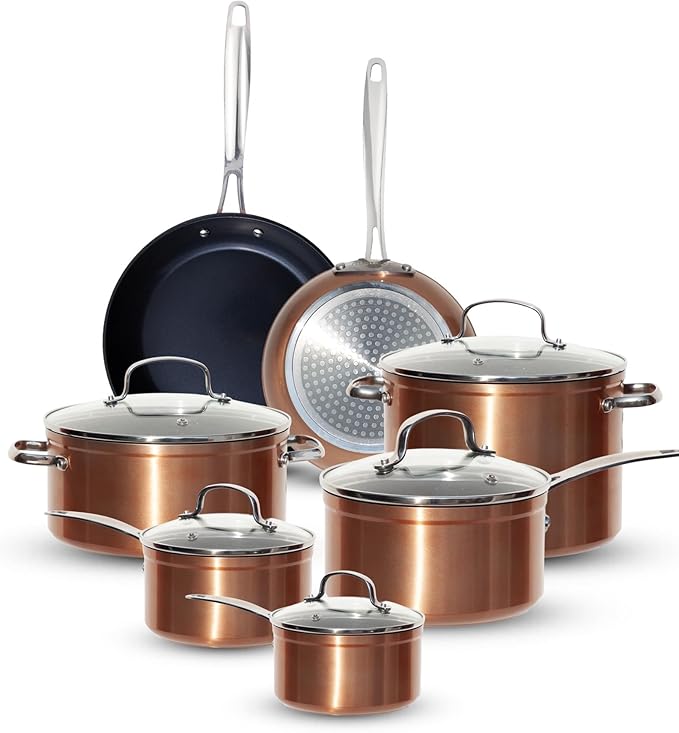 Nuwave Healthy G11-Pots and Pans Set Non Stick 9H Near-Diamond Hardness Scratch-Resistant Works on All Stovetops PFAS Free with Frying Pans Saucepans &amp Glass Lids Stay-Cool Handles Copper