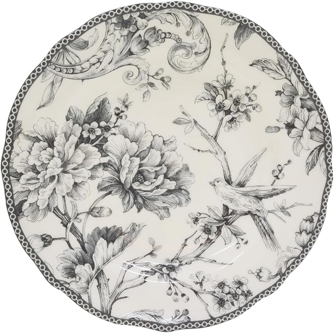 222 Fifth Adelaide 16-Piece Casual Grey Porcelain Dinnerware Set – Service for 4 Classic Toile Bird &amp Floral Design Microwave &amp Dishwasher Safe for Everyday Dining &amp Entertainment