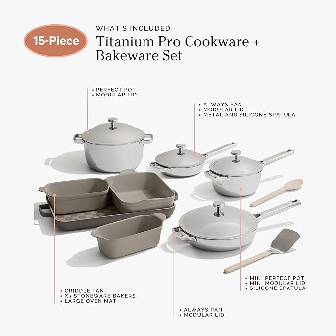 Our Place Titanium Pro Cookware &amp Bakeware Set | 15-Piece Non-toxic Nonstick Kitchenware with Titanium Always Pan Pro Perfect Pot Pro Minis &amp Ceramic Bakeware with Stovetop Griddle | Char