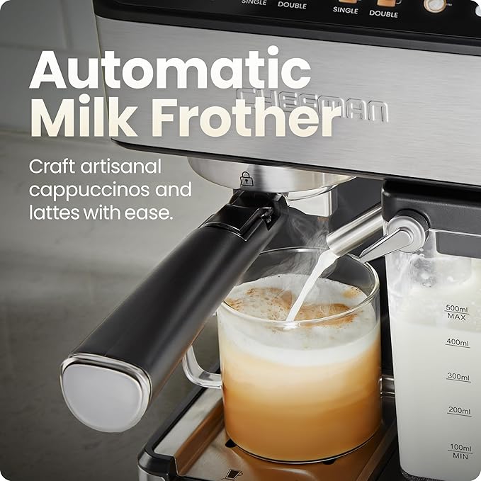 Chefman CaféMaster Pro Espresso Machine Brew Single or Double Shots Coffee Maker with Built-In Milk Frother for Cappuccino &amp Latte XL 1.8 Liter Removable Water Reservoir - Stainless Steel